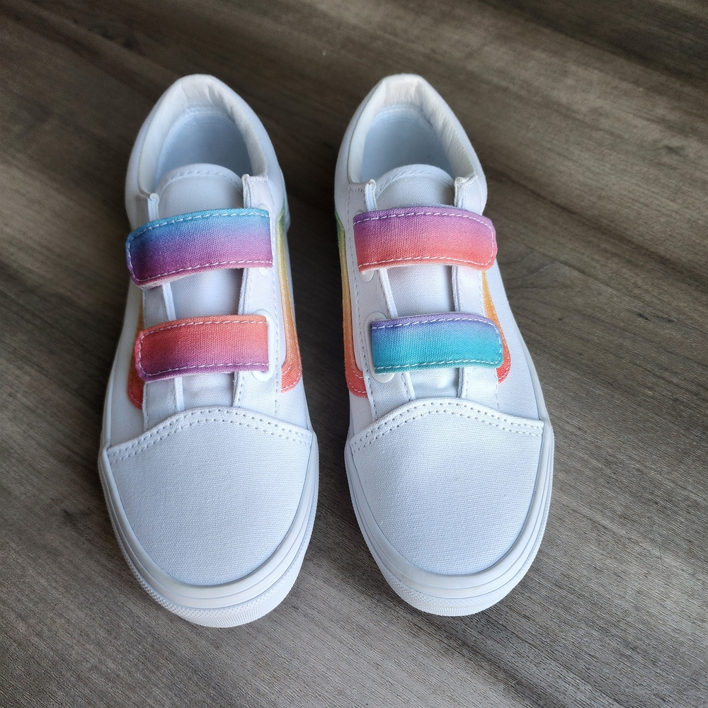 Kids White Rainbow Vans Old Skool Hook And Loop Sneakers Size 3 - Picture 2 of 9